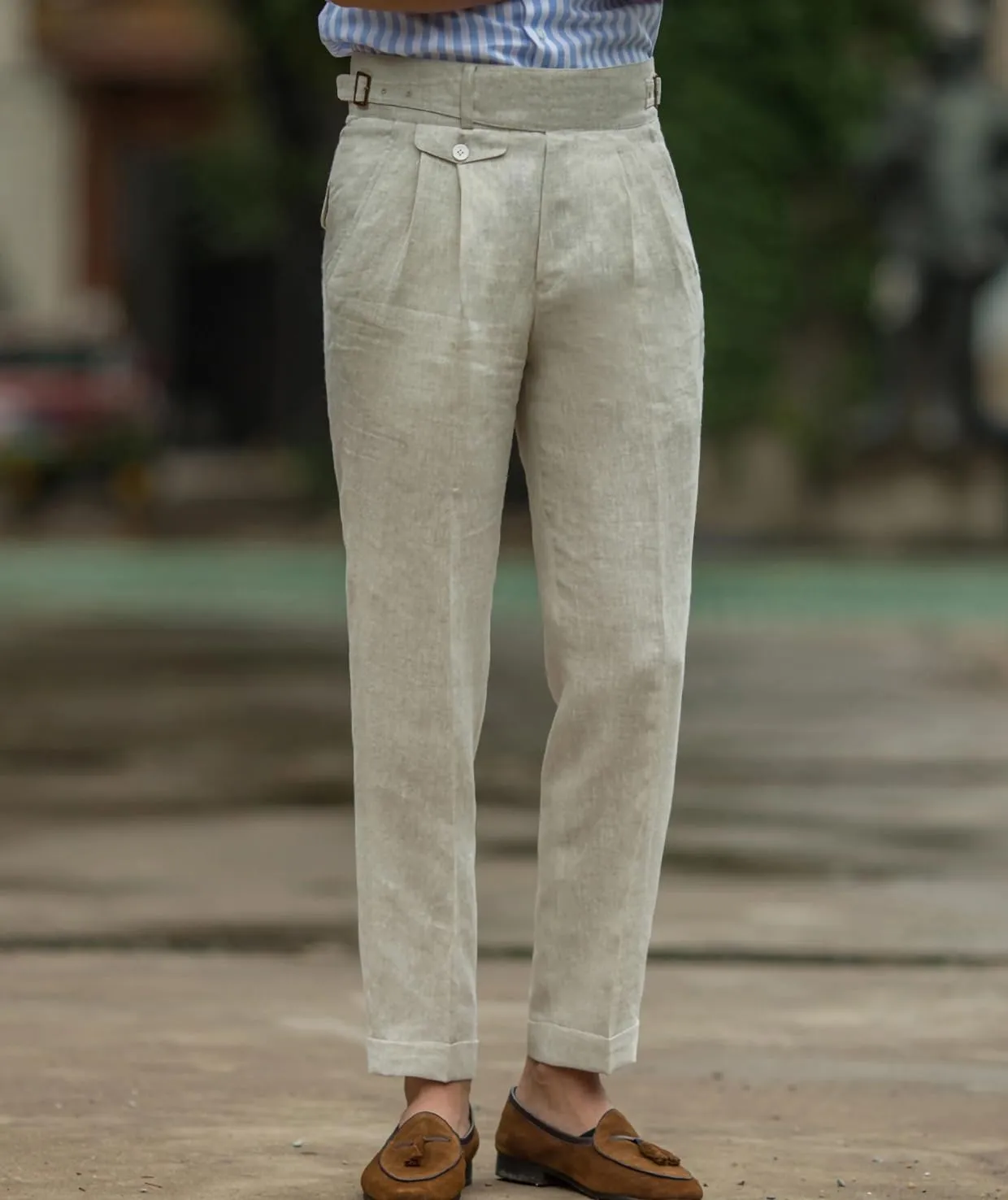 Ceehuteey Men's Linen High Waisted Trousers Comfortable Lightweight Summer Trousers Adjustable Waist Cotton Straight