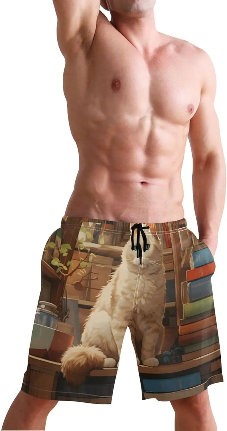 Charming Cat Sitting Books Classic Men Swimming Trunks Custom Swim Trunks for Men Swimwear Quick Dry S