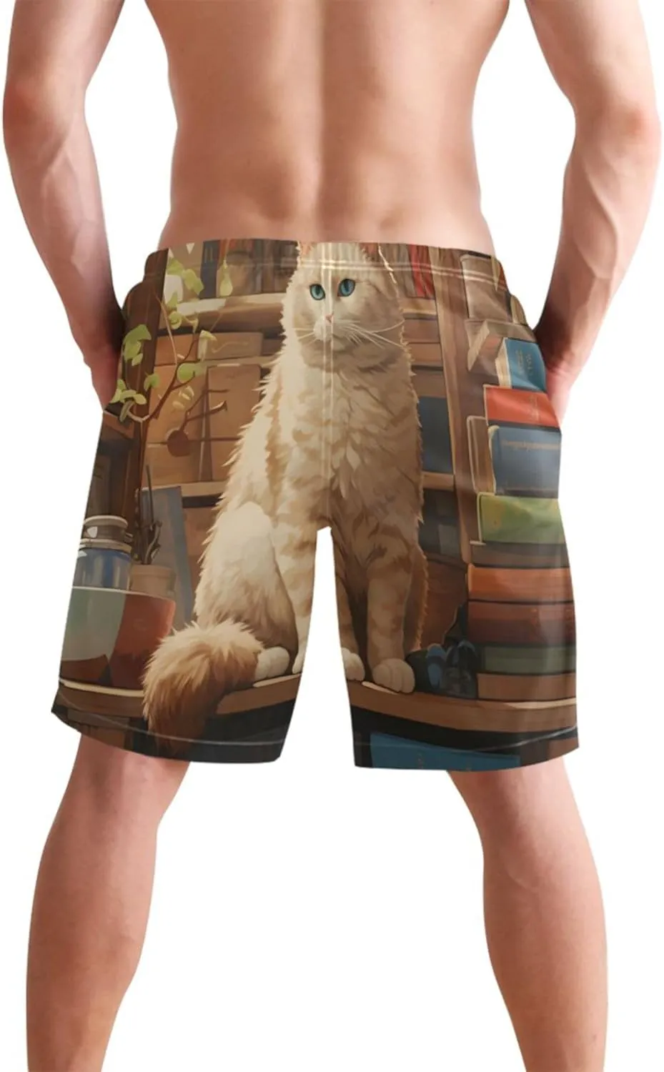 Charming Cat Sitting Books Classic Men Swimming Trunks Custom Swim Trunks for Men Swimwear Quick Dry S