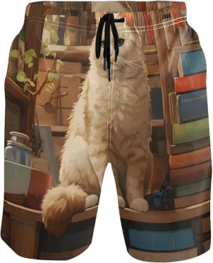 Charming Cat Sitting Books Classic Men Swimming Trunks Custom Swim Trunks for Men Swimwear Quick Dry S