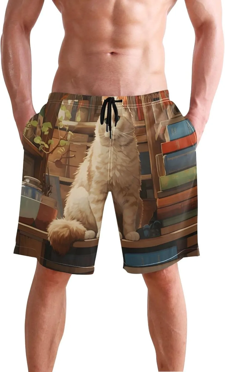 Charming Cat Sitting Books Classic Men Swimming Trunks Custom Swim Trunks for Men Swimwear Quick Dry S