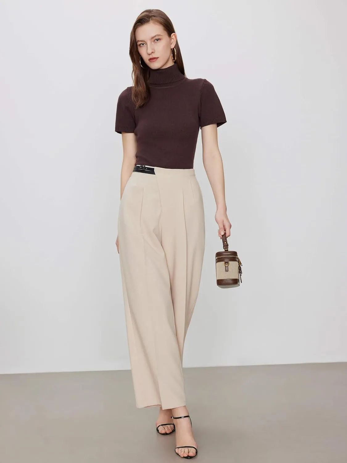 CIDER Belted Dress Pants Women High Waisted with Pockets Straight Leg Work Pants Business Casual Office Trousers