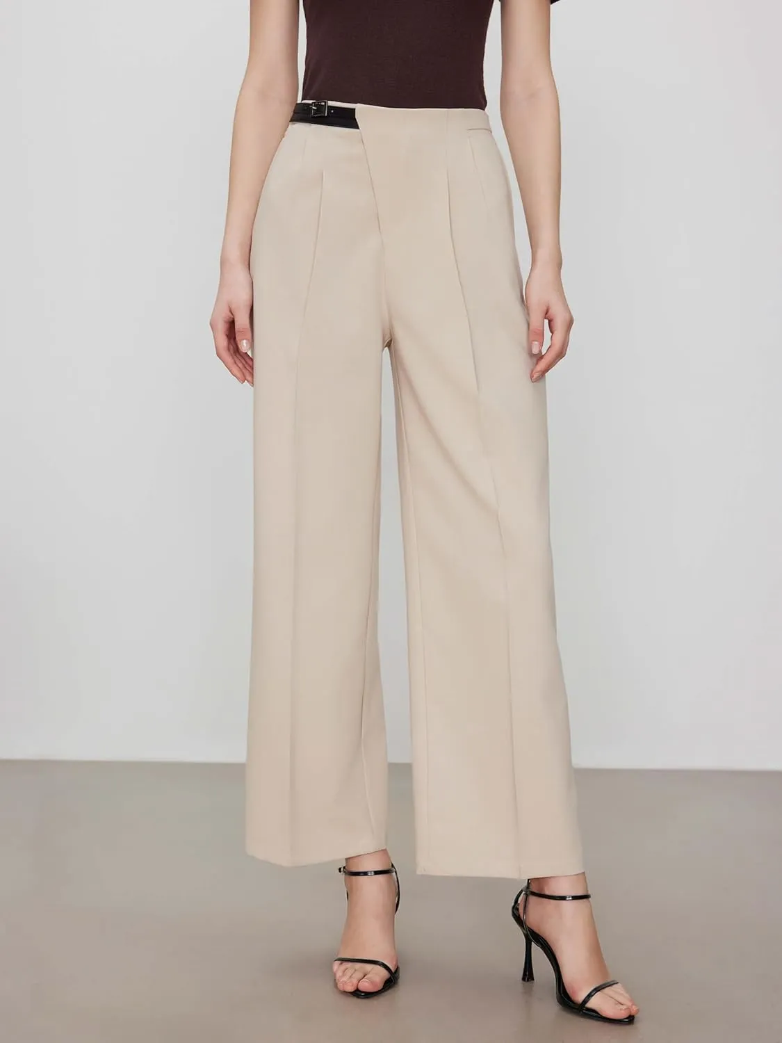 CIDER Belted Dress Pants Women High Waisted with Pockets Straight Leg Work Pants Business Casual Office Trousers