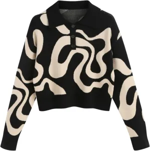 CIDER Women’s Color Block Cropped Collared Shirts Long Sleeve Sweater Pullover Tops