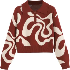 CIDER Women’s Color Block Cropped Collared Shirts Long Sleeve Sweater Pullover Tops