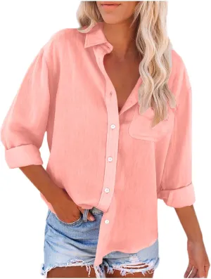 Cotton Linen Shirts for Women 2025 Trendy Long Sleeve Button Up V Neck T-Shirt Spring Summer Casual Loose Blouse Tops