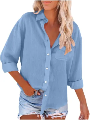 Cotton Linen Shirts for Women 2025 Trendy Long Sleeve Button Up V Neck T-Shirt Spring Summer Casual Loose Blouse Tops