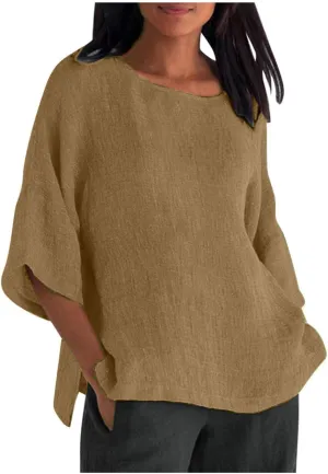 Cotton Linen Shirts for Women 3/4 Sleeve Plus Size Tops Crew Neck T Shirts Casual Three Quarter Length Tunic Tops