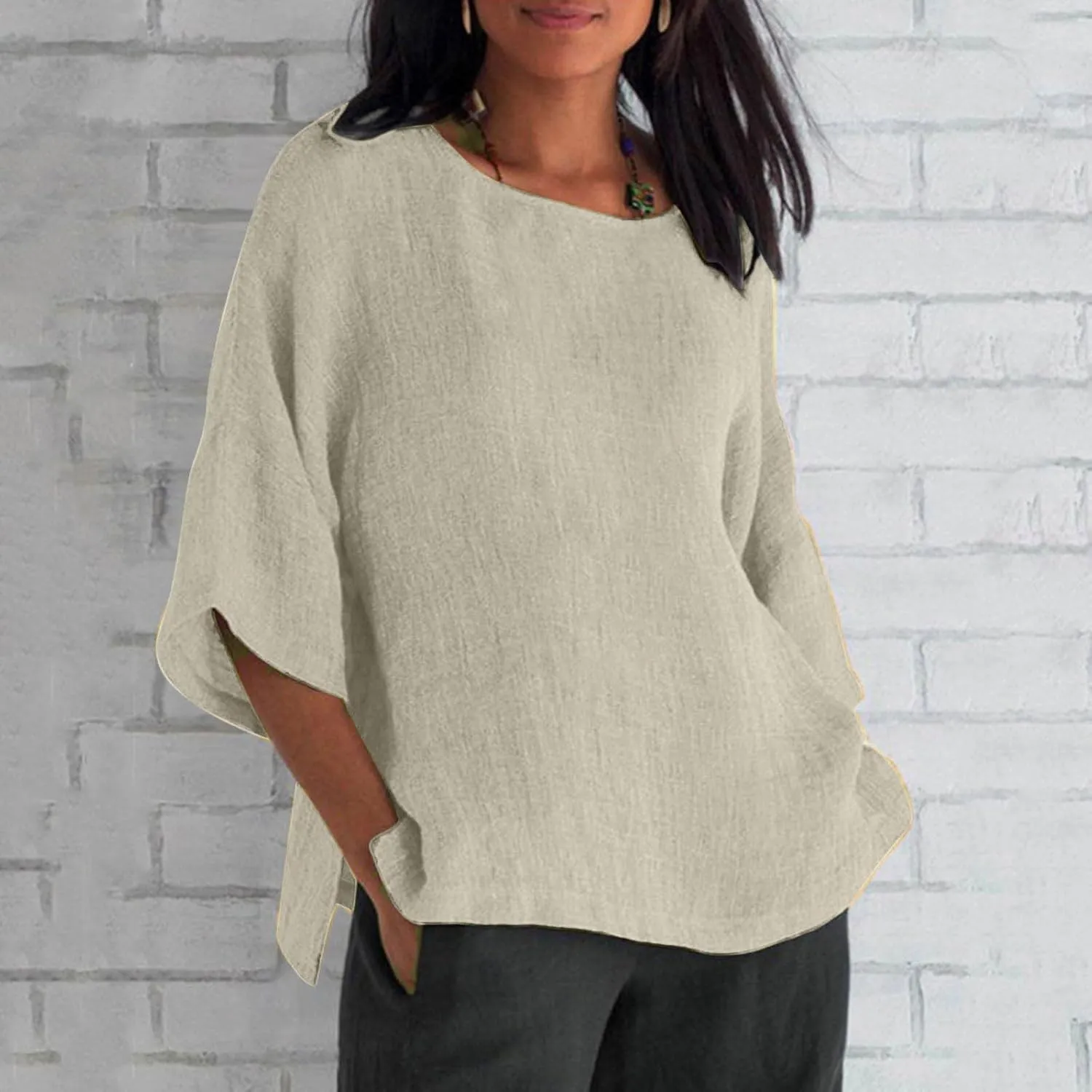 Cotton Linen Shirts for Women 3/4 Sleeve Plus Size Tops Crew Neck T Shirts Casual Three Quarter Length Tunic Tops