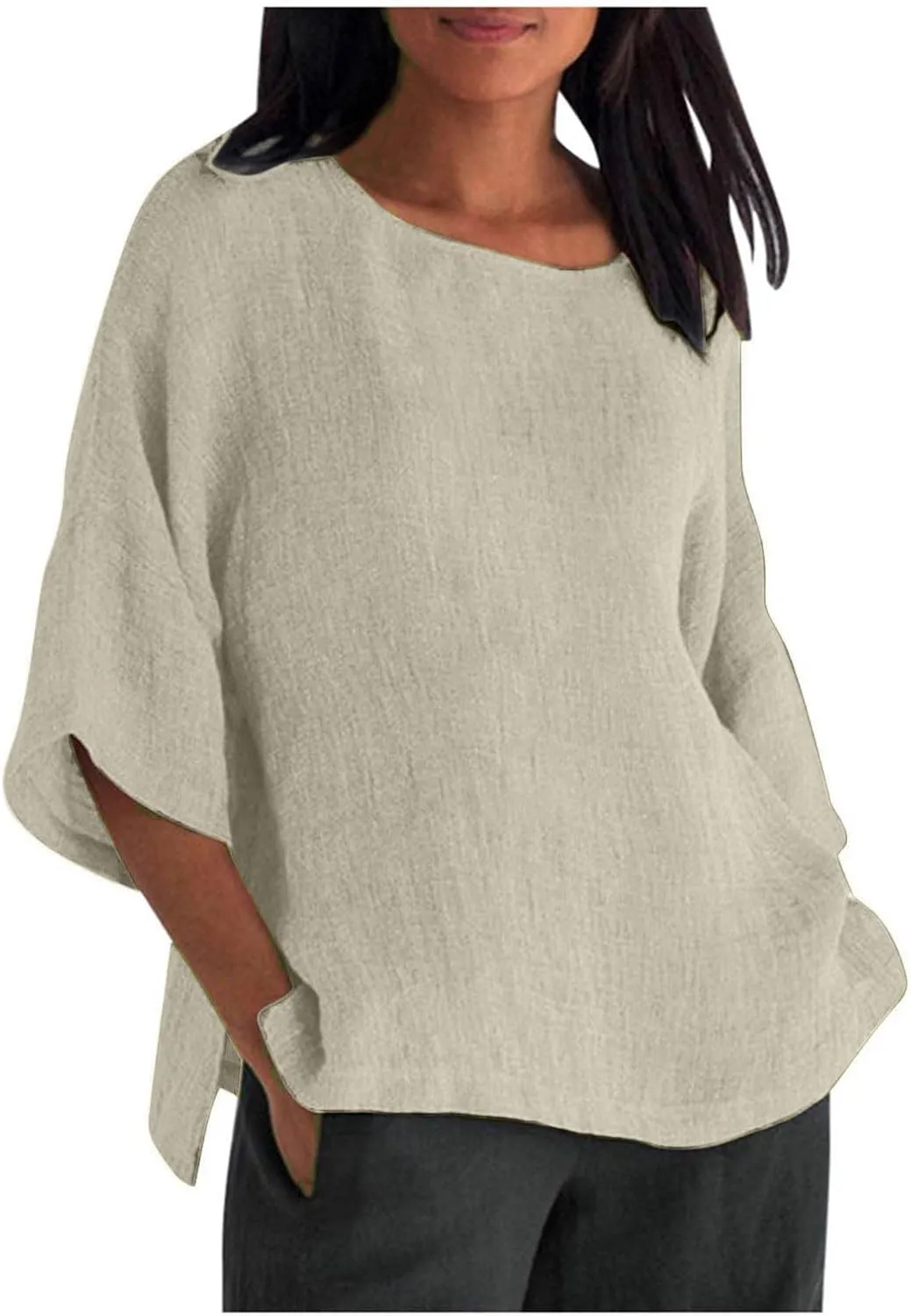 Cotton Linen Shirts for Women 3/4 Sleeve Plus Size Tops Crew Neck T Shirts Casual Three Quarter Length Tunic Tops