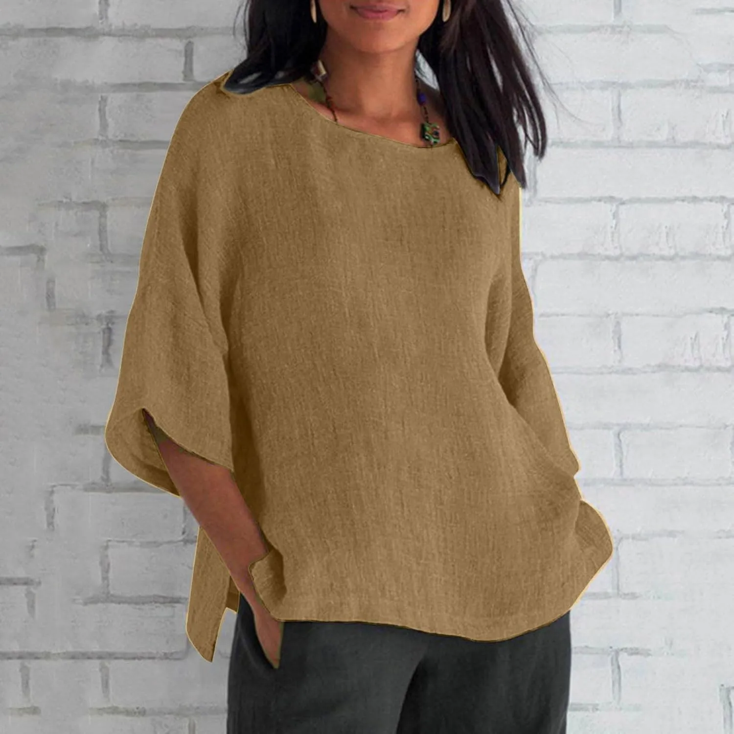 Cotton Linen Shirts for Women 3/4 Sleeve Plus Size Tops Crew Neck T Shirts Casual Three Quarter Length Tunic Tops