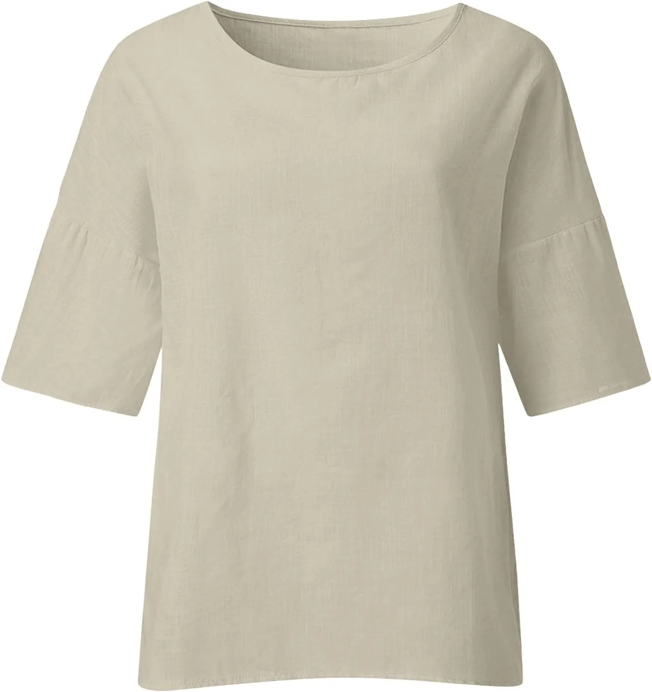 Cotton Linen Shirts for Women 3/4 Sleeve Plus Size Tops Crew Neck T Shirts Casual Three Quarter Length Tunic Tops