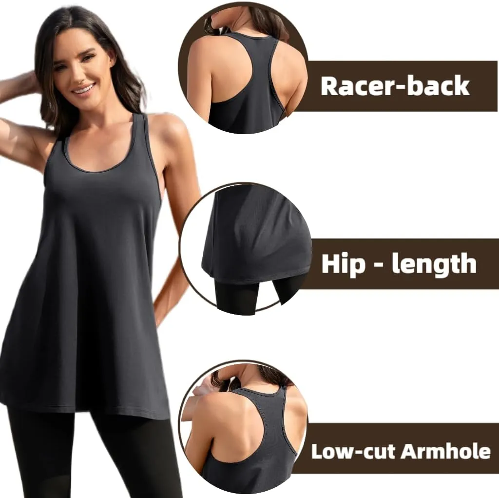 Cotton Racerback Workout Yoga Tops for Women Loose Fit Athletic Long Tanks Moisture Wicking Gym Shirts 2 Pack