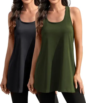 Cotton Racerback Workout Yoga Tops for Women Loose Fit Athletic Long Tanks Moisture Wicking Gym Shirts 2 Pack