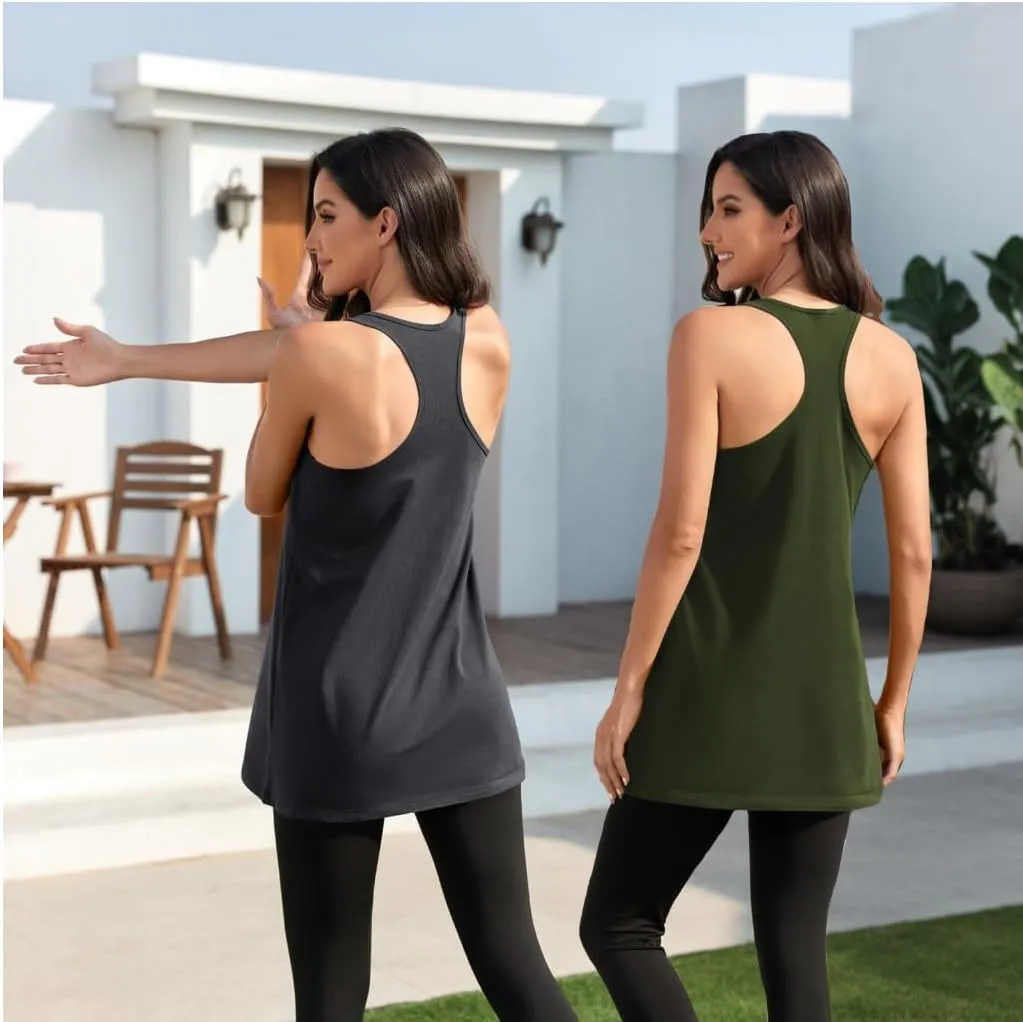 Cotton Racerback Workout Yoga Tops for Women Loose Fit Athletic Long Tanks Moisture Wicking Gym Shirts 2 Pack