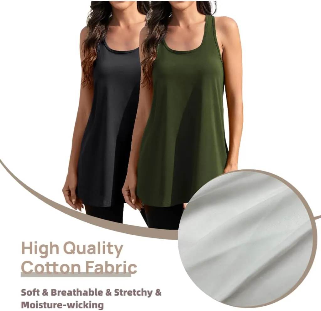 Cotton Racerback Workout Yoga Tops for Women Loose Fit Athletic Long Tanks Moisture Wicking Gym Shirts 2 Pack