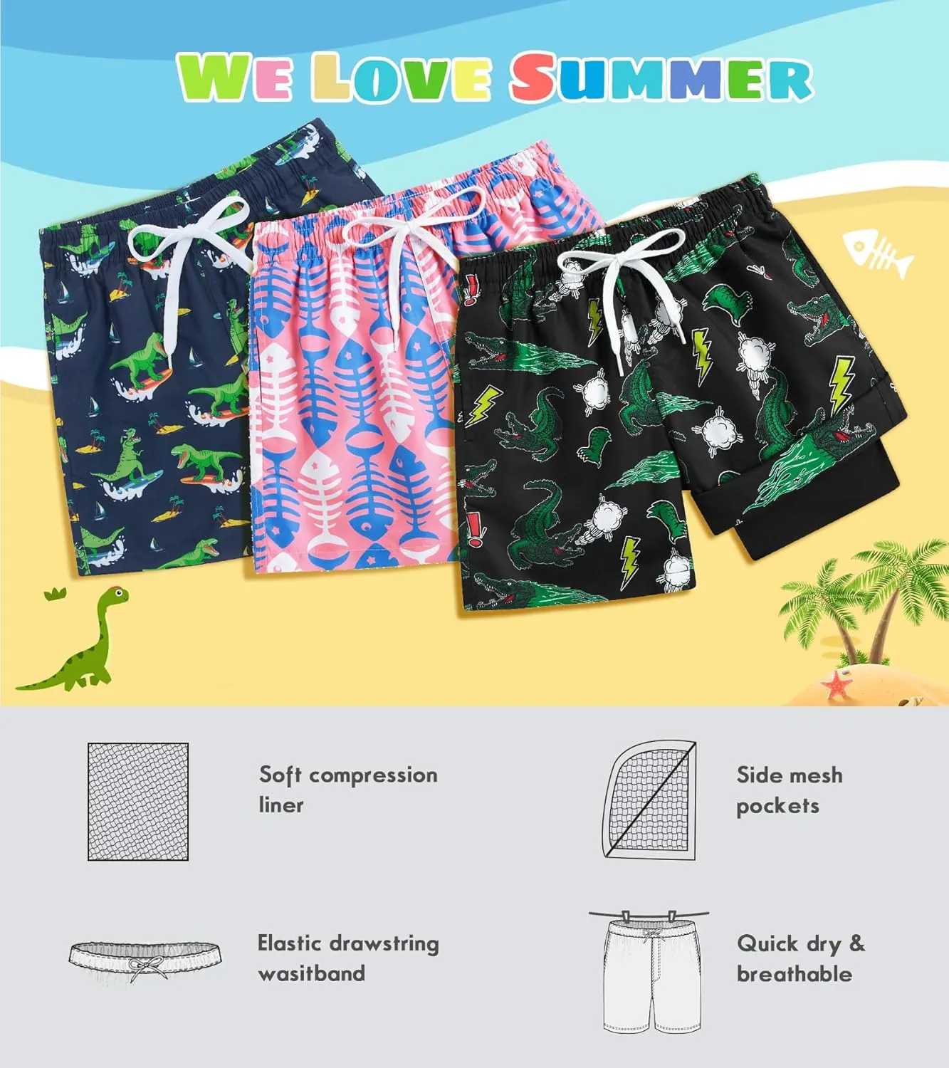 Cozople Boys Swim Trunks Compression Liner Swim Shorts Quick Dry Bathing Suit with Boxer Brief Swimwear 4-10T