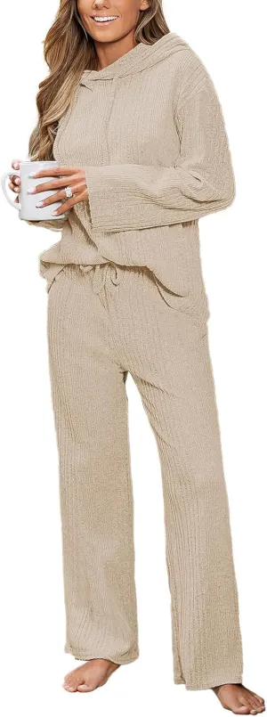 CUPSHE Womens Ribbed Knit Pajama Sets Long Sleeve Loungewear 2 Piece Soft and Comfy Lounge PJs Sets