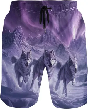 Custom Swim Trunks Men Cute Mystic Wolves Northern Lights Swimming Board Shorts Swimwear with Mesh Liner S