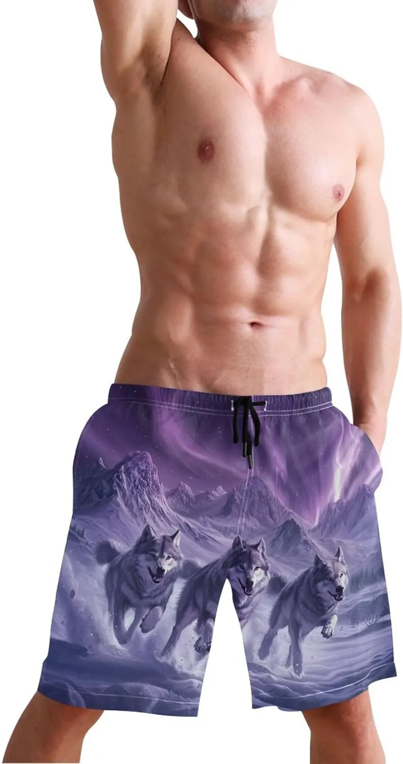 Custom Swim Trunks Men Cute Mystic Wolves Northern Lights Swimming Board Shorts Swimwear with Mesh Liner S