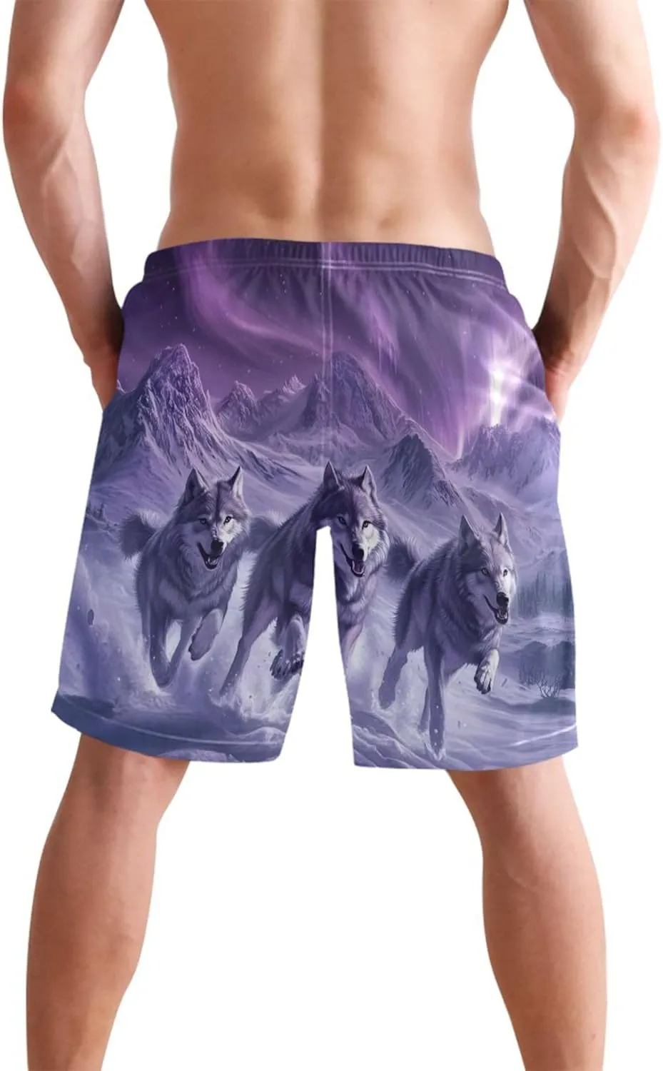 Custom Swim Trunks Men Cute Mystic Wolves Northern Lights Swimming Board Shorts Swimwear with Mesh Liner S