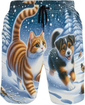 Cute Cat Dog Winter Snow Swim Trunks for Men Board Swimming Shorts Vacation Swimwear Bathing Suits S