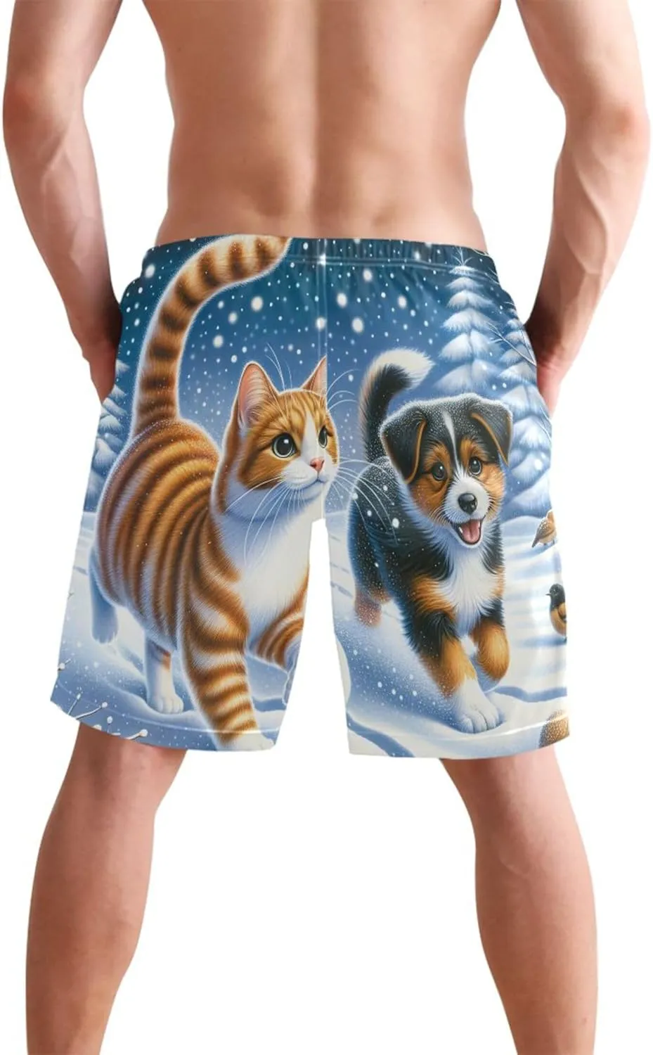 Cute Cat Dog Winter Snow Swim Trunks for Men Board Swimming Shorts Vacation Swimwear Bathing Suits S