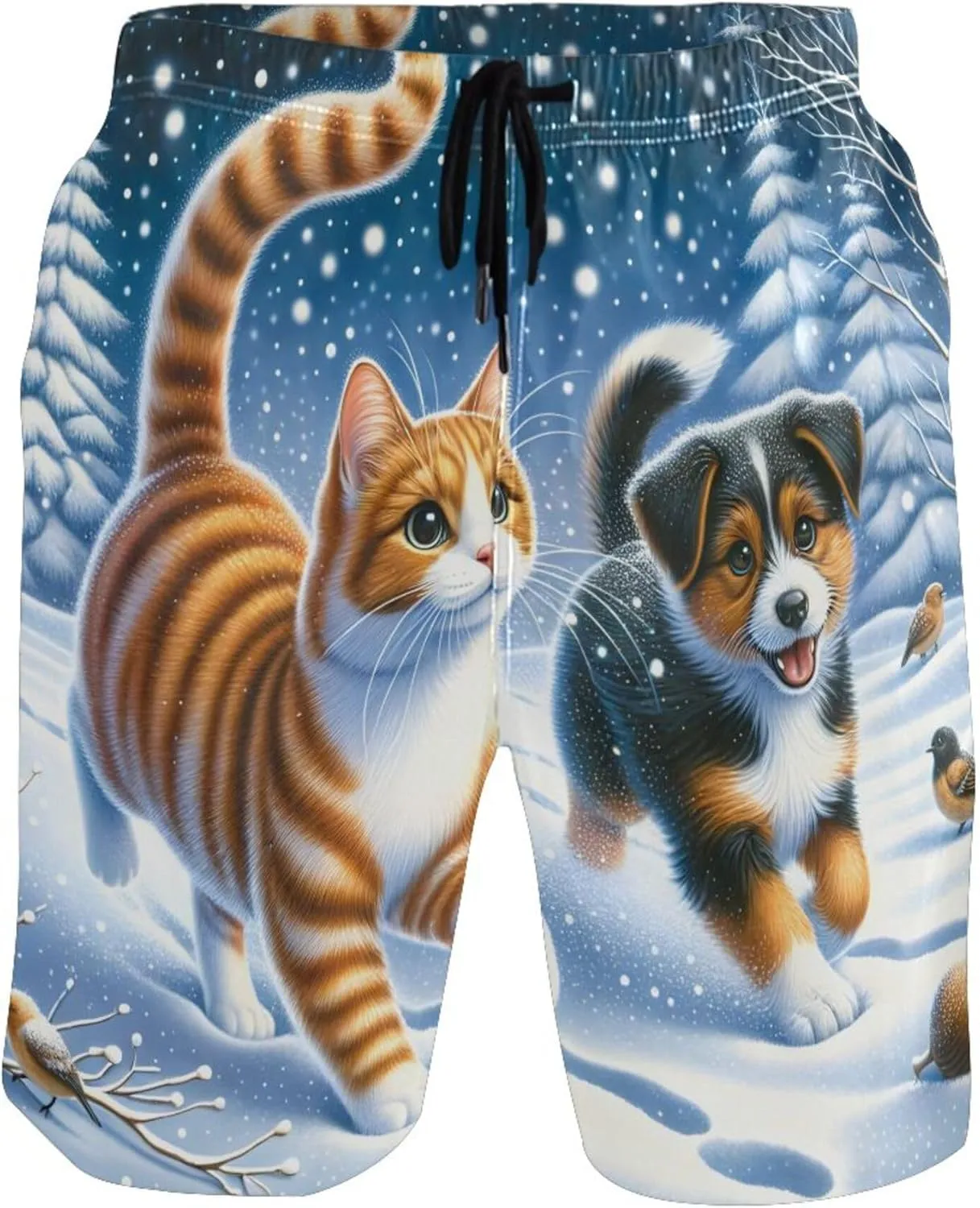 Cute Cat Dog Winter Snow Swim Trunks for Men Board Swimming Shorts Vacation Swimwear Bathing Suits S