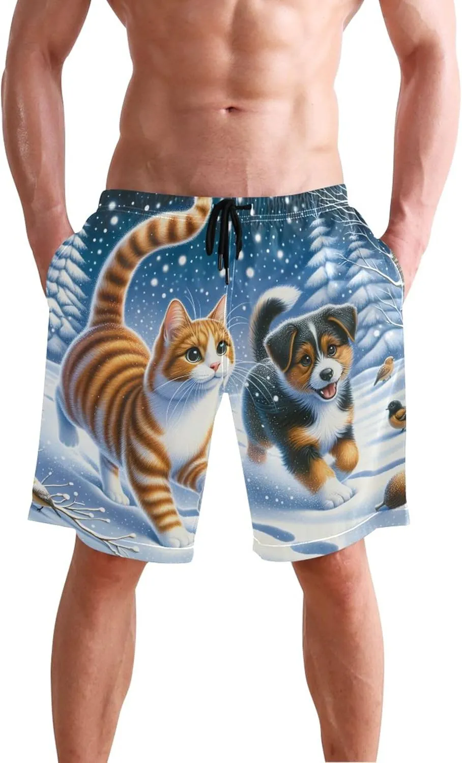 Cute Cat Dog Winter Snow Swim Trunks for Men Board Swimming Shorts Vacation Swimwear Bathing Suits S