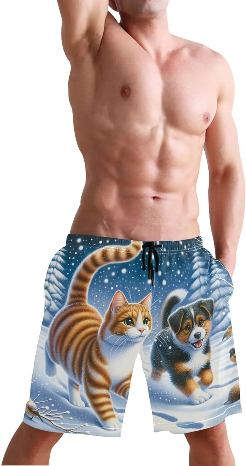 Cute Cat Dog Winter Snow Swim Trunks for Men Board Swimming Shorts Vacation Swimwear Bathing Suits S