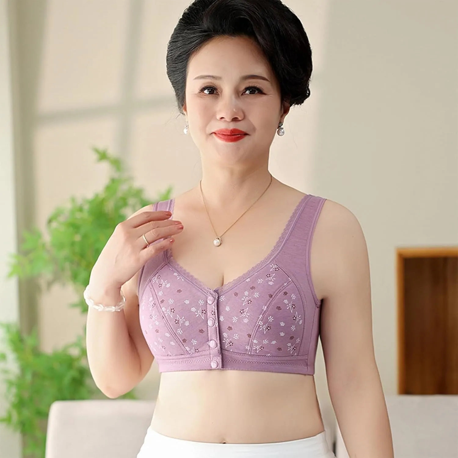Daisy Bras for Older Women Front Button Closure Wireless Bra Push Up Breathable Sports Bra Plus