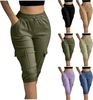 DDAPJ pyju Bermuda Cargo Shorts for Women Knee Length Casual Hiking Shorts Drawstring Elastic Waist Jogger Pants with Pockets