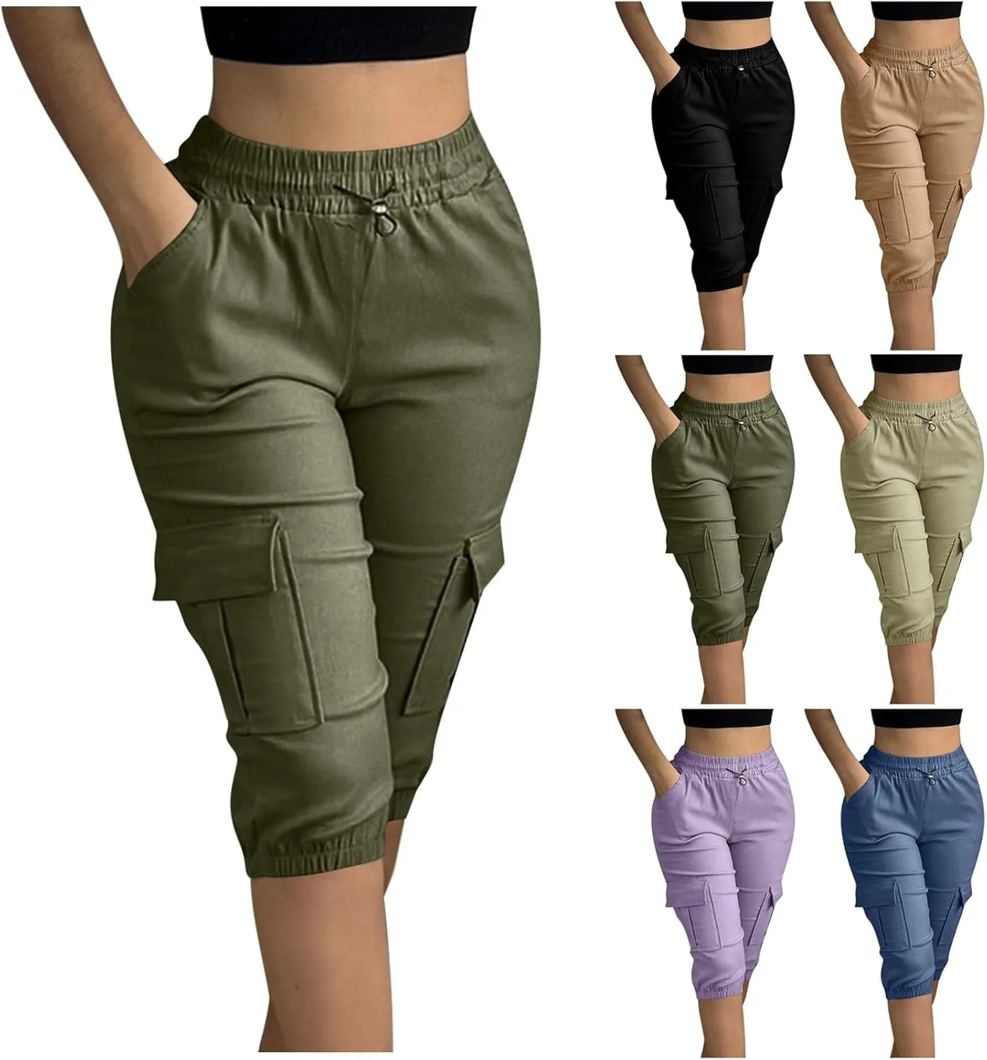 DDAPJ pyju Bermuda Cargo Shorts for Women Knee Length Casual Hiking Shorts Drawstring Elastic Waist Jogger Pants with Pockets