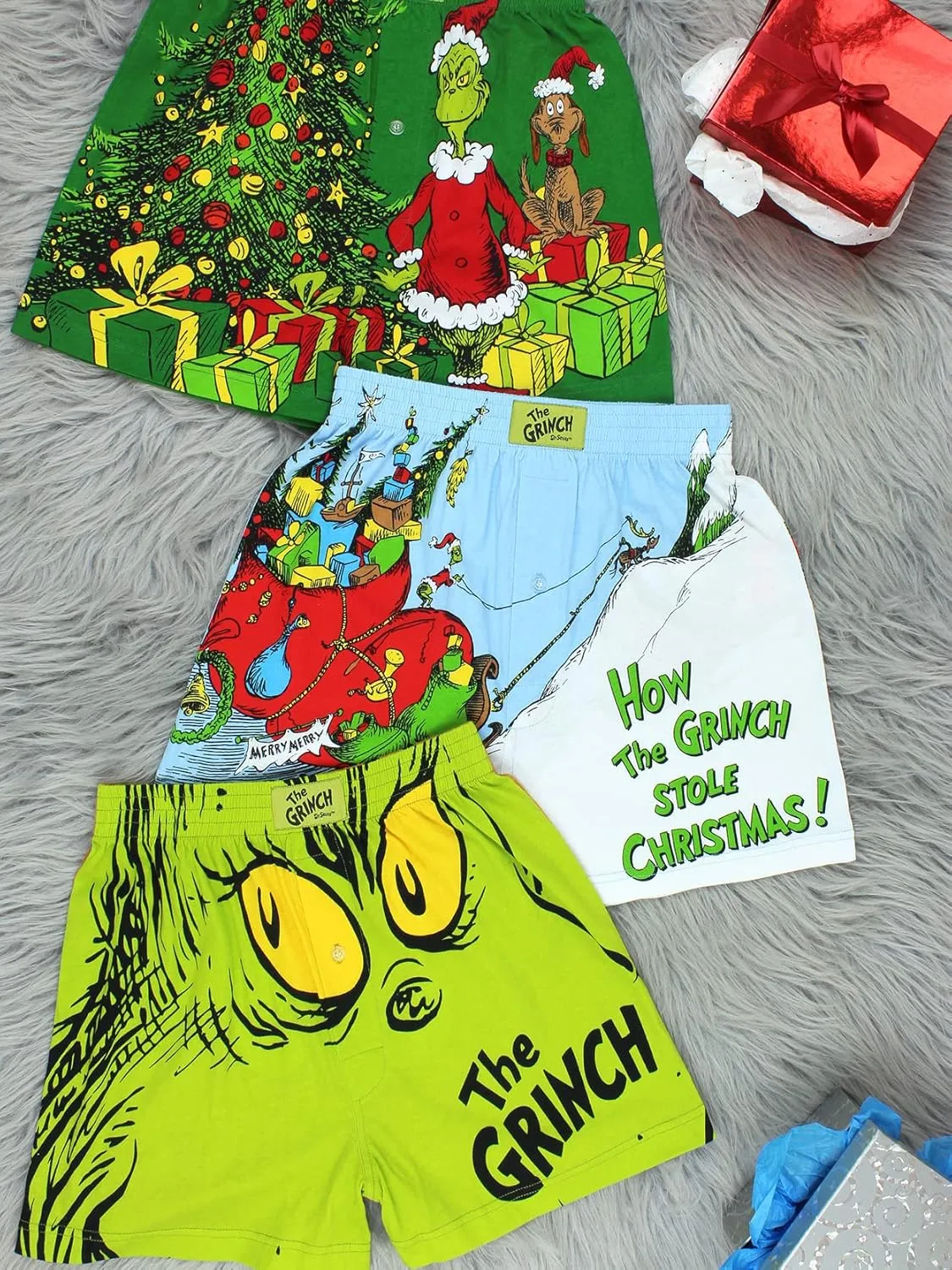 Dr. Seuss The Grinch Holiday Men's Button Fly Boxer Lounge Shorts
