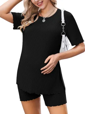 Ekoauer Women 2 Piece Maternity Pajamas Set Lightweight Pregnancy Outfit Ribbed Knit Postpartum Loungewear Set with Pocket