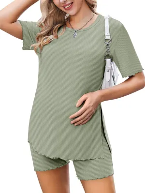 Ekoauer Women 2 Piece Maternity Pajamas Set Lightweight Pregnancy Outfit Ribbed Knit Postpartum Loungewear Set with Pocket