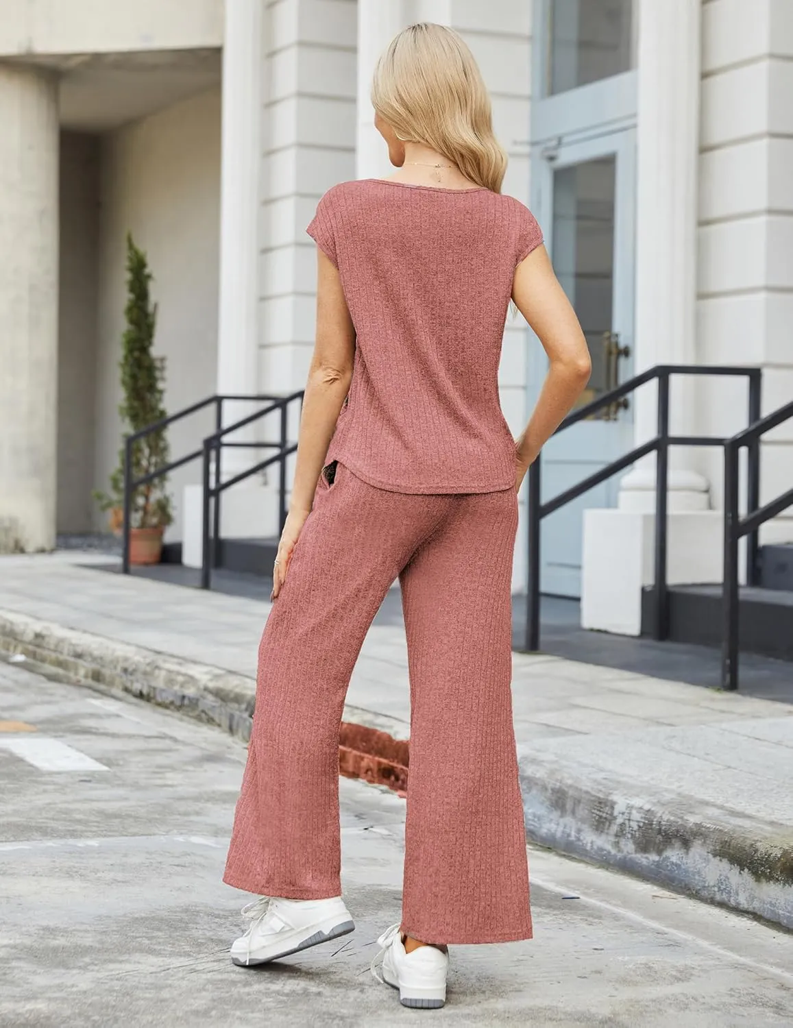 Ekouaer 2 Piece Lounge Sets for Women Matching Summer Outfits Casual Ribbed Knit Cap Sleeve Wide Leg Pants Sets
