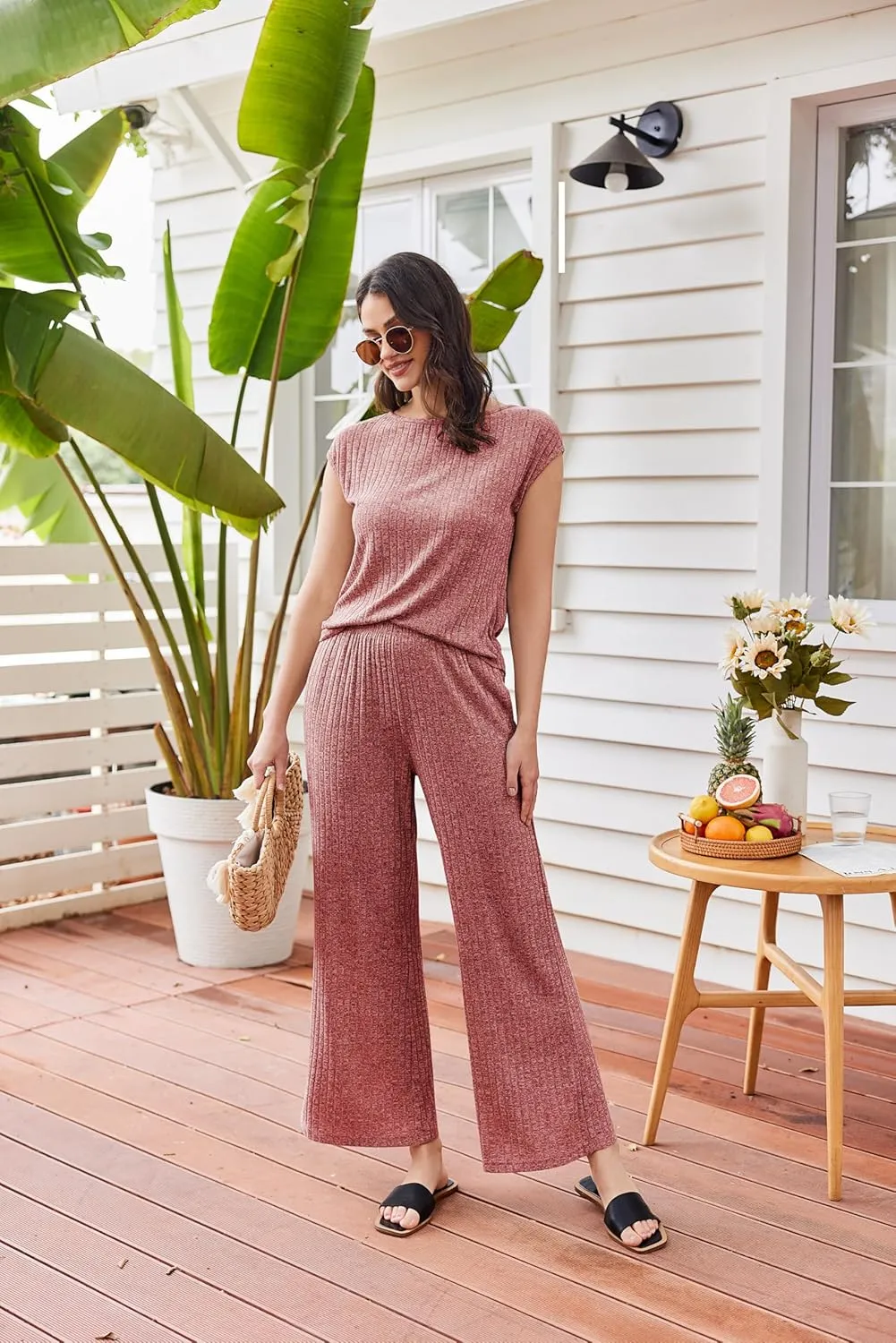 Ekouaer 2 Piece Lounge Sets for Women Matching Summer Outfits Casual Ribbed Knit Cap Sleeve Wide Leg Pants Sets
