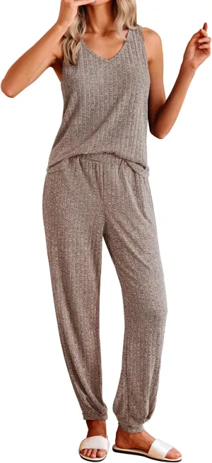 Ekouaer Women's Pajamas Sleeveless Summer Lounge Set Ribbed Knit Pj Loungewear Soft Tank Sleepwear Nightwear S-XXL