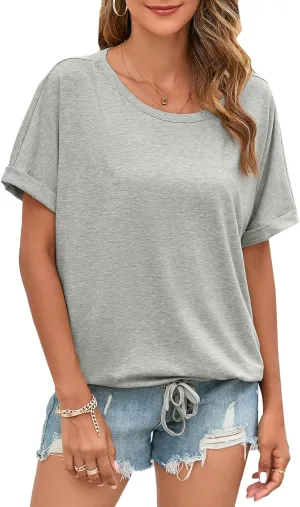 ENMAIN Womens Casual Crewneck T-Shirts Rolled Short Sleeve Basic Tee Shirts Elastic Hem Summer Tops
