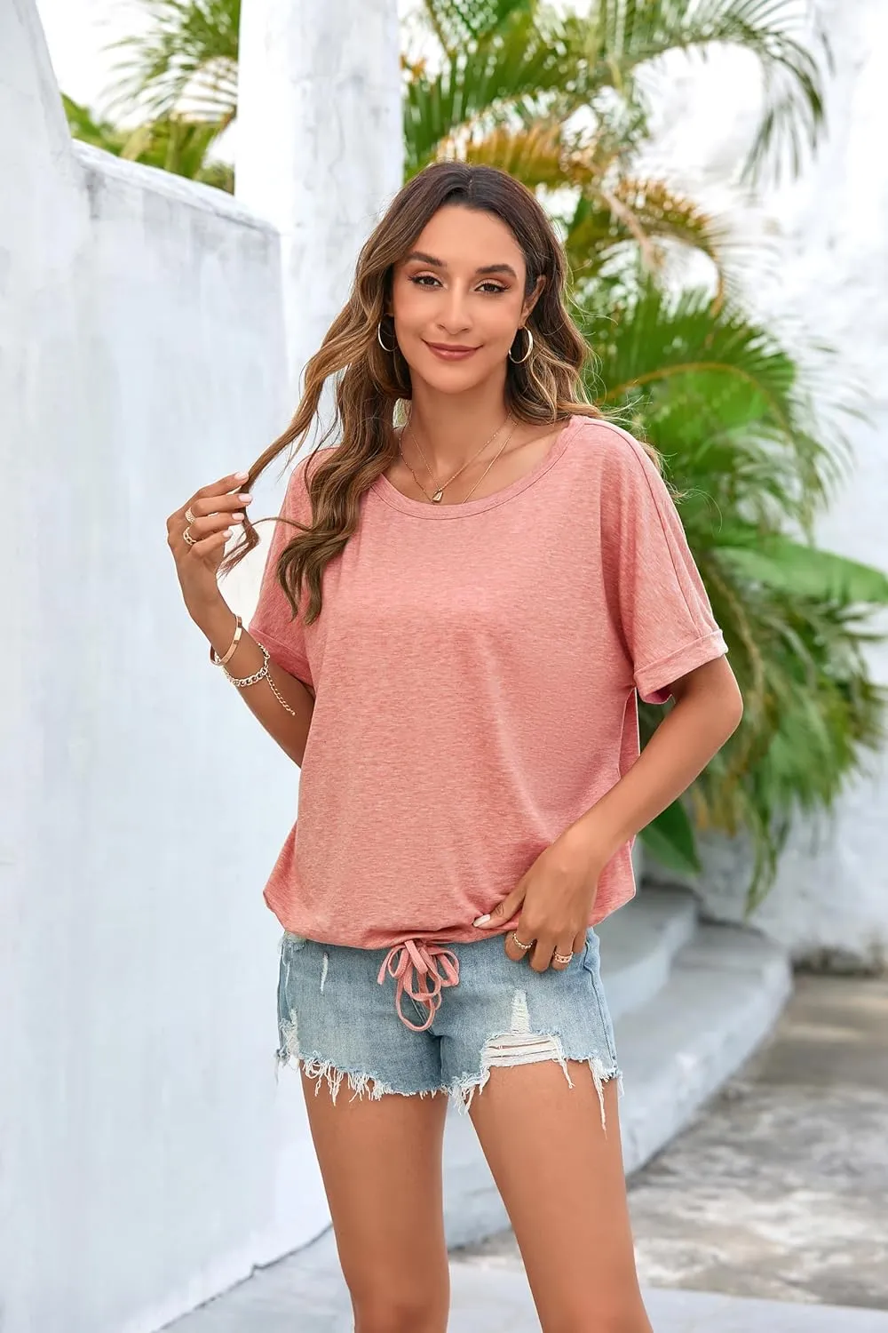 ENMAIN Womens Casual Crewneck T-Shirts Rolled Short Sleeve Basic Tee Shirts Elastic Hem Summer Tops