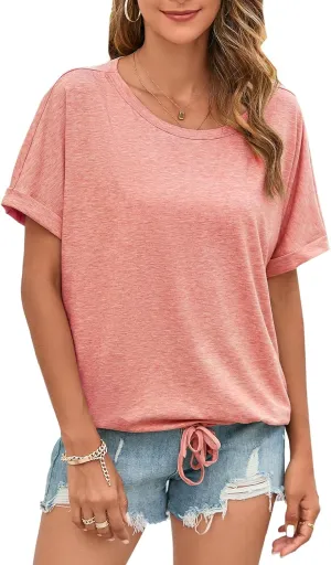ENMAIN Womens Casual Crewneck T-Shirts Rolled Short Sleeve Basic Tee Shirts Elastic Hem Summer Tops