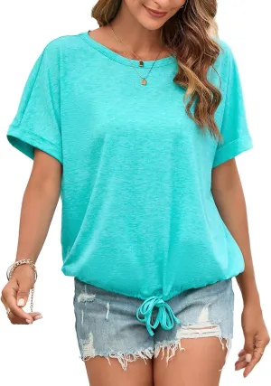 ENMAIN Womens Casual Crewneck T-Shirts Rolled Short Sleeve Basic Tee Shirts Elastic Hem Summer Tops