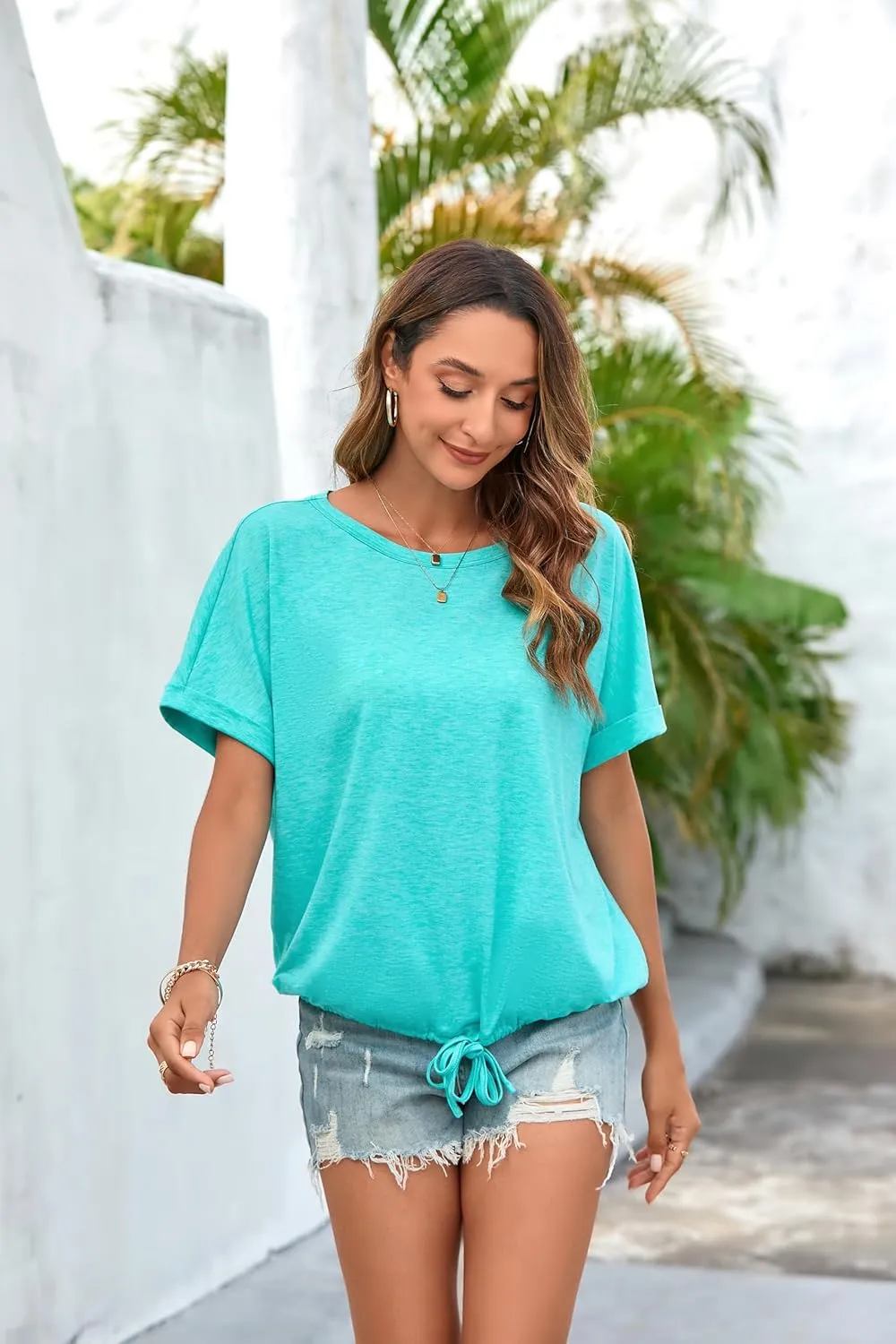ENMAIN Womens Casual Crewneck T-Shirts Rolled Short Sleeve Basic Tee Shirts Elastic Hem Summer Tops