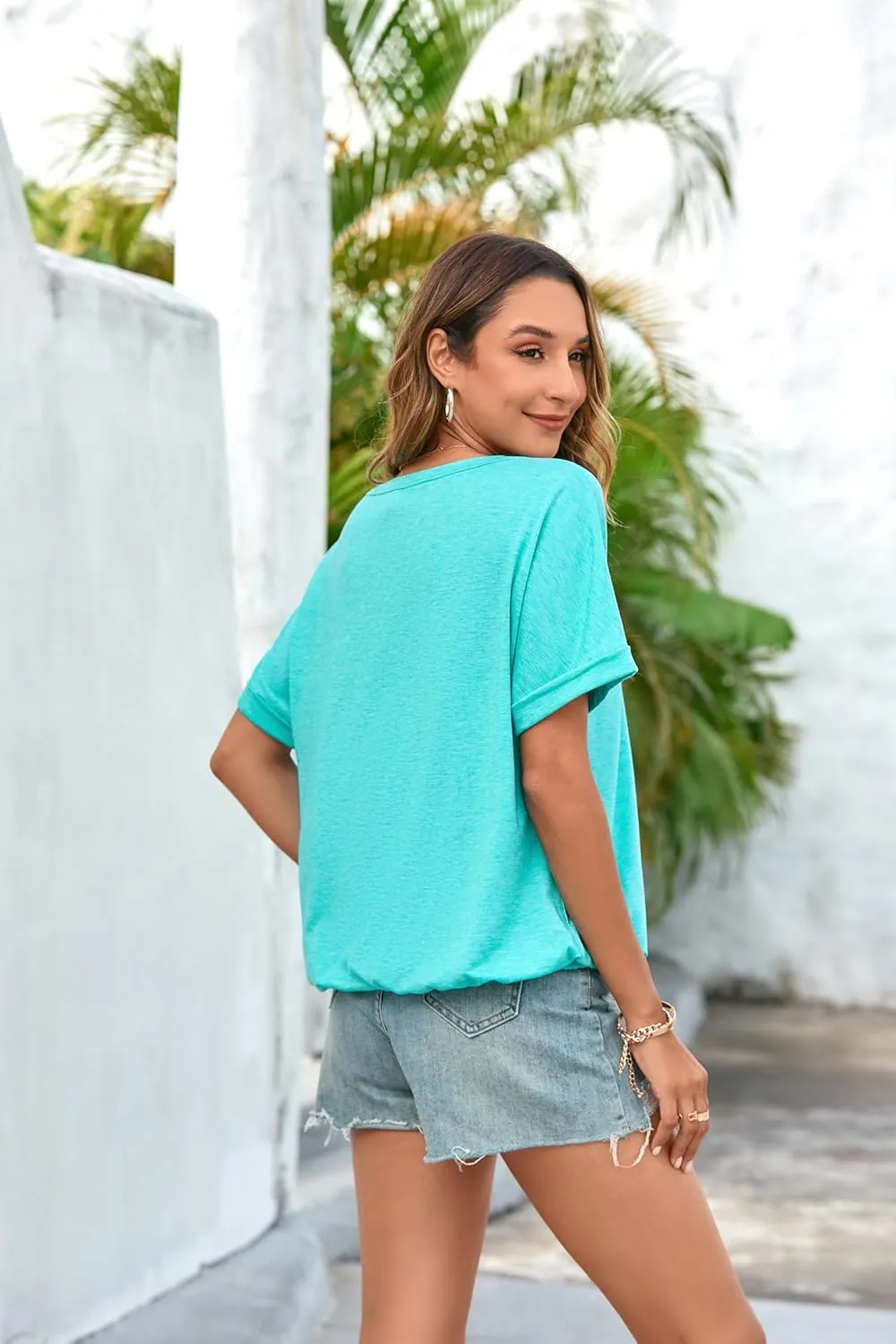 ENMAIN Womens Casual Crewneck T-Shirts Rolled Short Sleeve Basic Tee Shirts Elastic Hem Summer Tops