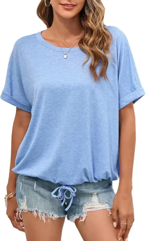 ENMAIN Womens Casual Crewneck T-Shirts Rolled Short Sleeve Basic Tee Shirts Elastic Hem Summer Tops