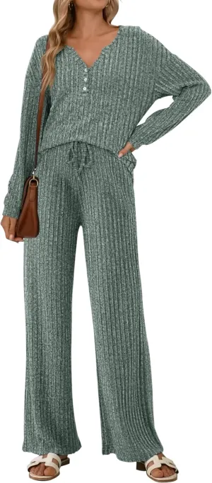 ETCYY NEW Womens Lightweight Pajamas Sets 2 Piece Lounge Sets Ribbed Knit Loungewear PJ with Pockets