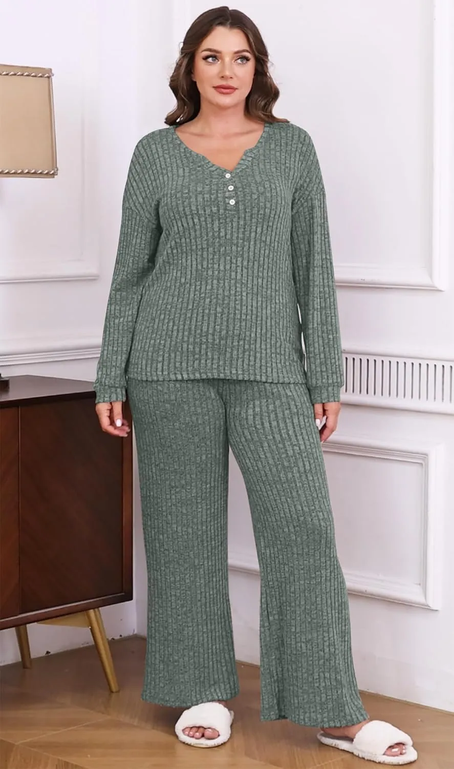 ETCYY NEW Womens Lightweight Pajamas Sets 2 Piece Lounge Sets Ribbed Knit Loungewear PJ with Pockets