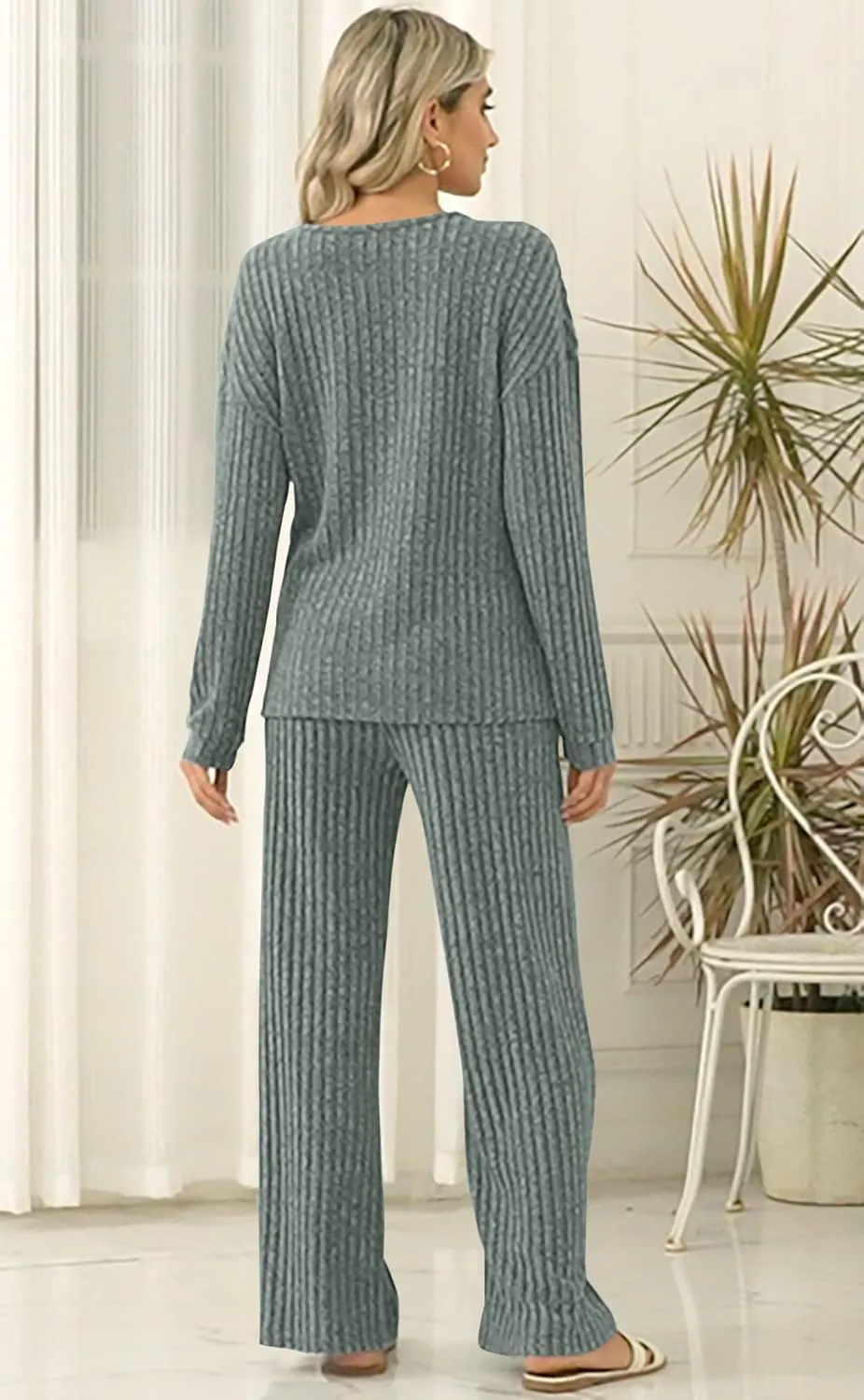 ETCYY NEW Womens Lightweight Pajamas Sets 2 Piece Lounge Sets Ribbed Knit Loungewear PJ with Pockets