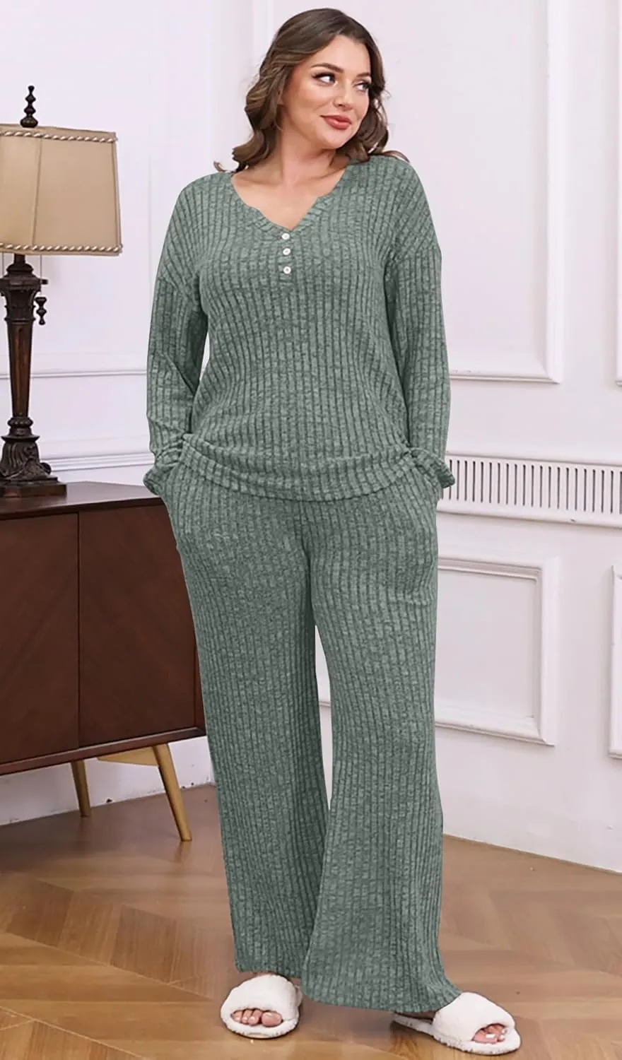 ETCYY NEW Womens Lightweight Pajamas Sets 2 Piece Lounge Sets Ribbed Knit Loungewear PJ with Pockets